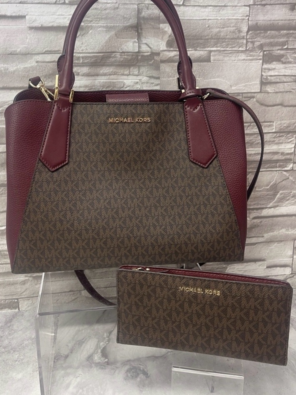 Michael Kors Kimberly Brown/Red Large Satchel & Matching Wallet Merlot Multi